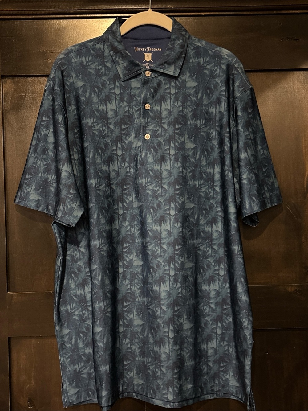 Hickey Freeman Blue Short Sleeve Palm Tree Print Men’s Size Large Golf